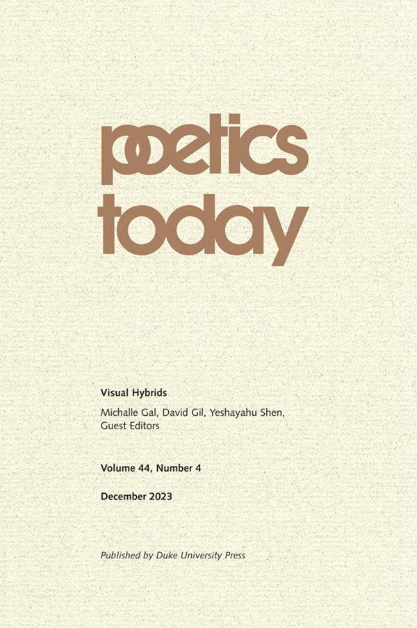 Cover of "Poetics Today" volume 44, issue 4. A textured light beige background with the journal title in brown text centered in the upper third. Volume and issue information in small black text at the bottom.