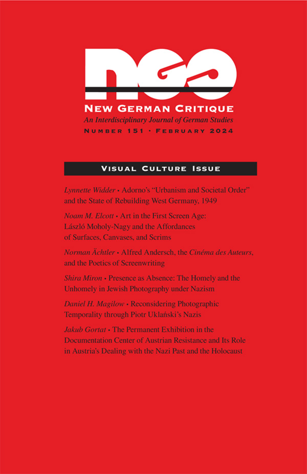 Cover of "Visual Culture Issue," a special issue of New German Critique (number 151). Features black and white text over a red background.