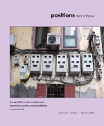 Cover of "the good life in late-socialist asia: aspirations, politics, and possibilities," a special issue of positions: asia critique. A pink cover with black text. Center is a color photograph of a wall showing various utility infrastructure.
