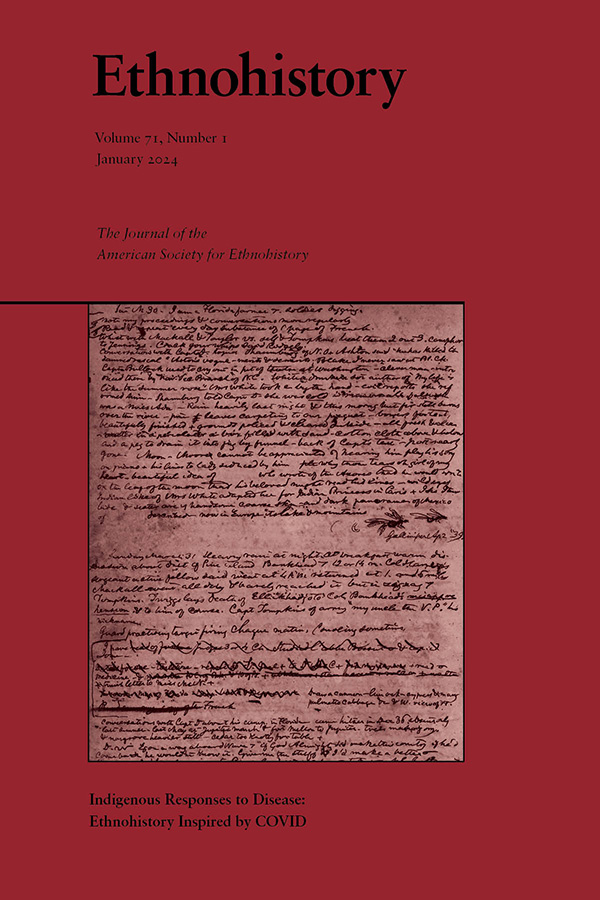 Cover of "Indigenous Responses to Disease: Ethnohistory Inspired by COVID," a special issue of Ethnohistory (71:1). Red cover with black text. A color photograph of manuscript is in the center.